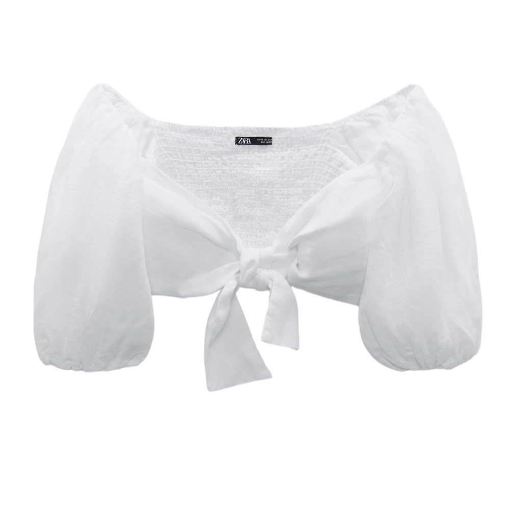 Zara White Tie Front Puffed Sailor Collar Crop Top